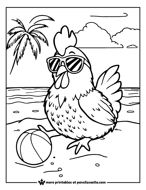 chicken wearing sunglasses at the beach with a beach ball coloring page