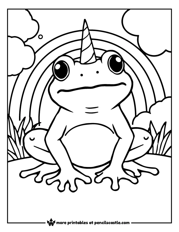frog with a unicorn horn and rainbow coloring page