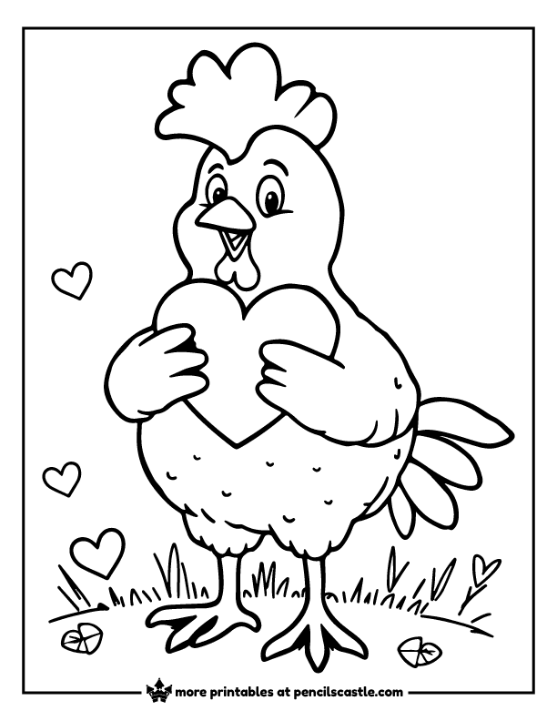 valentine chicken holding heart coloring page