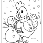 chicken wearing a scarf standing next to a snowman coloring page