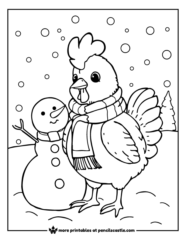 chicken wearing a scarf standing next to a snowman coloring page