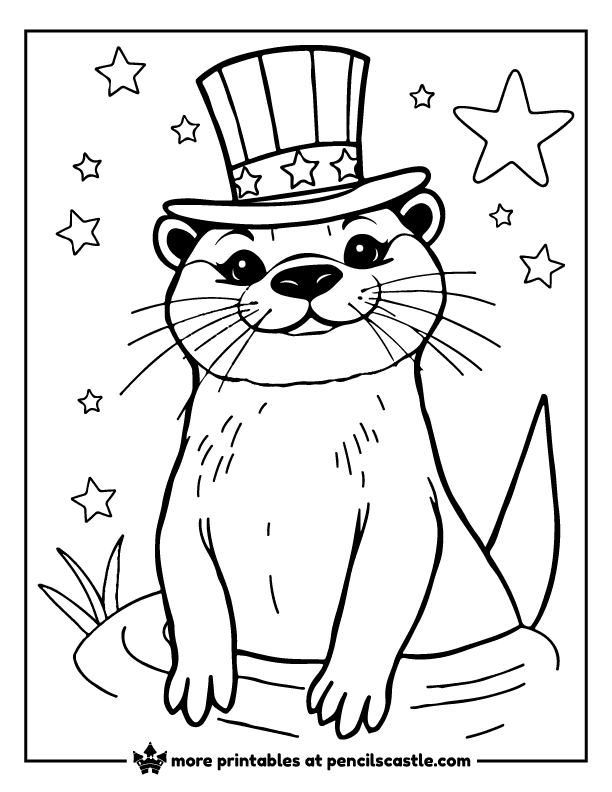 Otter wearing a fourth of July hat, surrounded by stars coloring sheet