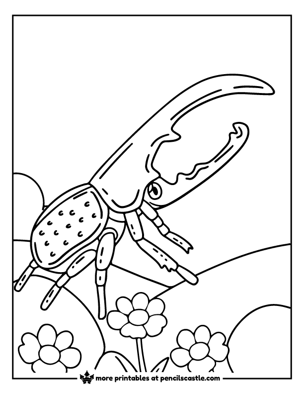 Hercules beetle with blooming flowers coloring sheet