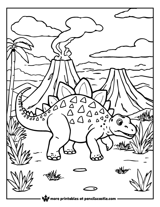 Ankylosaurus walking near a volcano coloring page