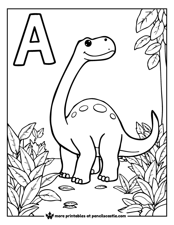 Apatosaurus next to the letter A, surrounded by leaves coloring page