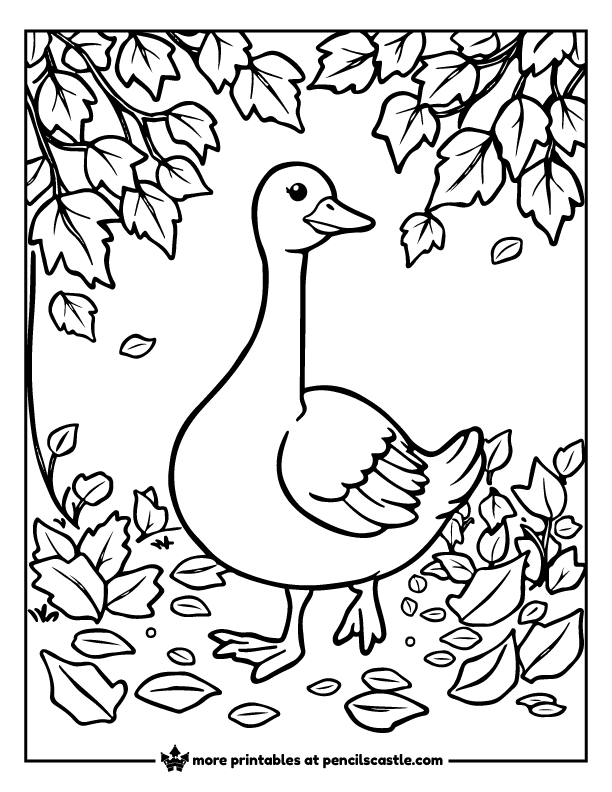 goose standing amongst autumn leaves and branches coloring page