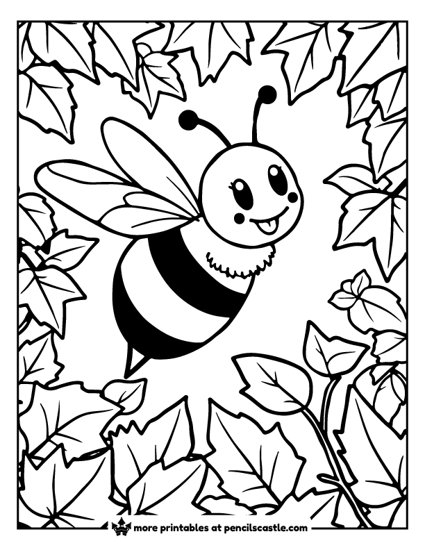 bee flying through fall leaves coloring sheet