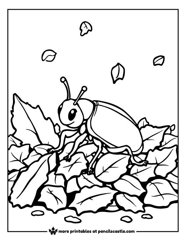 beetle playing in a pile of autumn leaves coloring page