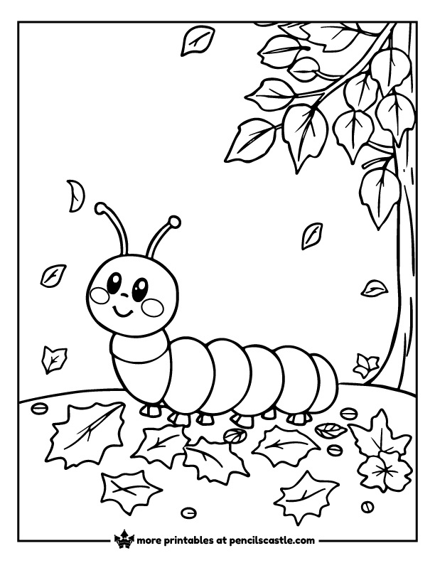 Cute caterpillar surrounded by fall leaves coloring page