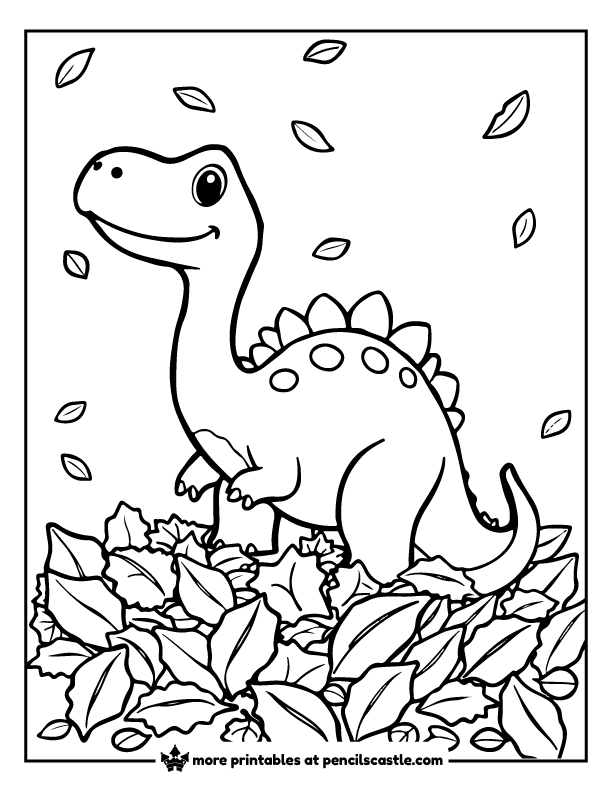 dinosaur playing in a pile of fall leaves coloring page