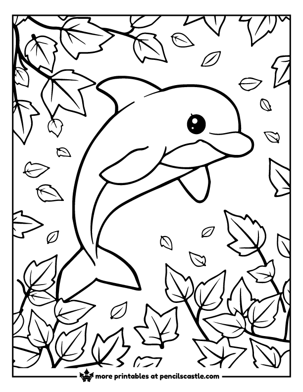 Dolphin surrounded by falling leaves coloring page