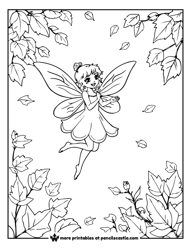 fairy fluttering among fall leaves coloring sheet