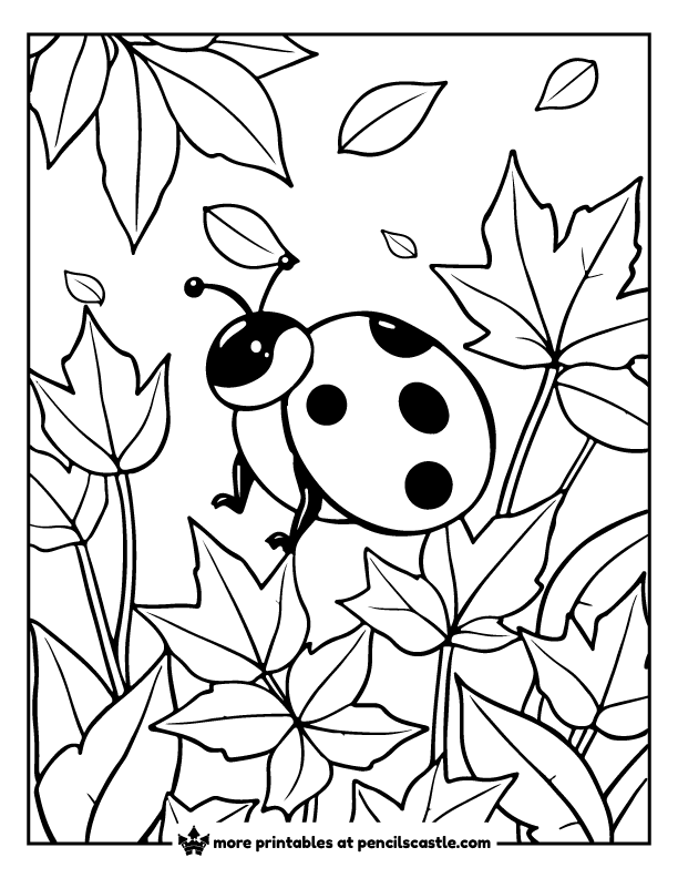 ladybug playing among fall leaves coloring page