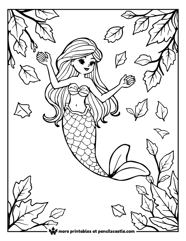 mermaid surrounded by fall leaves coloring page