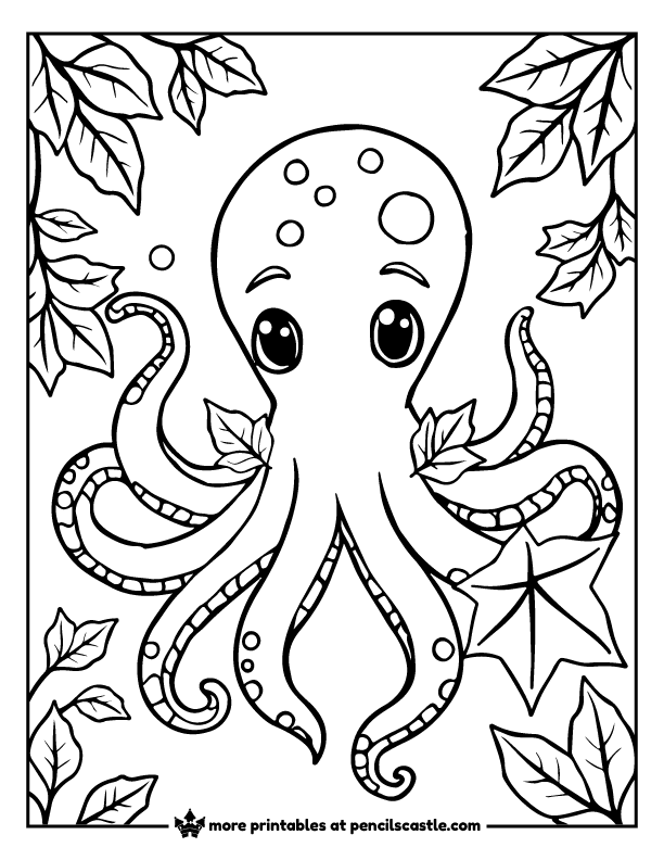 octopus surrounded by fall leaves coloring page
