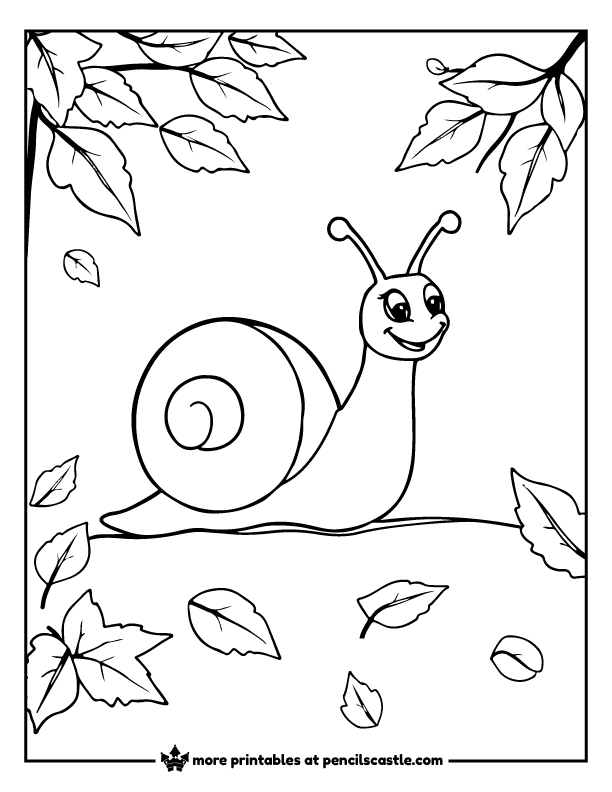 Snail surrounded by fall leaves coloring page