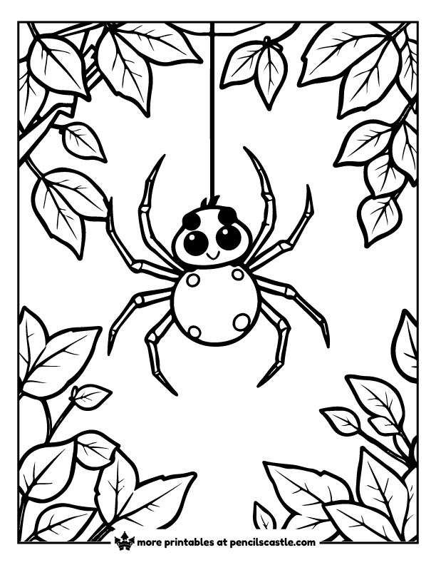 spider hanging from fall leaves coloring sheet