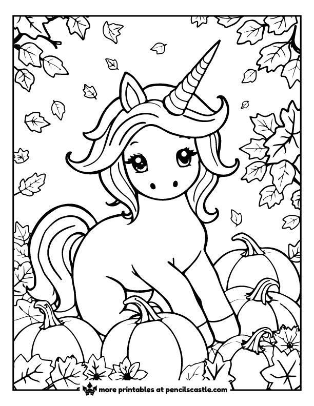 cozy unicorn surrounded by fall leaves and pumpkins coloring page