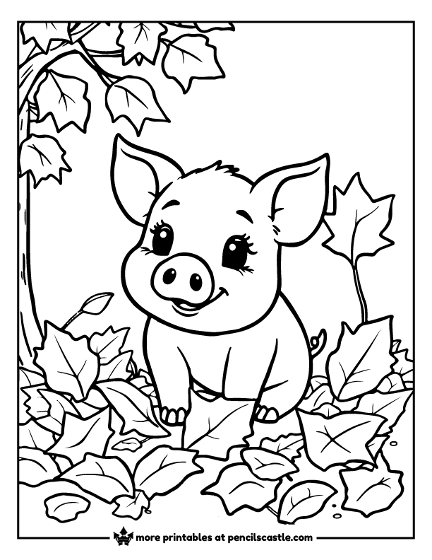 pig sitting amongst a pile of fall leaves coloring page