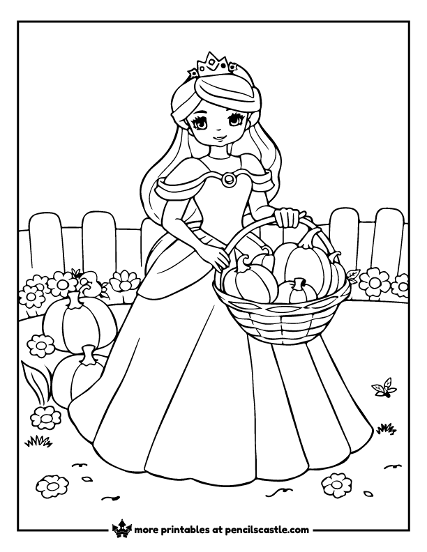 Princess holding a basket of pumpkins coloring page