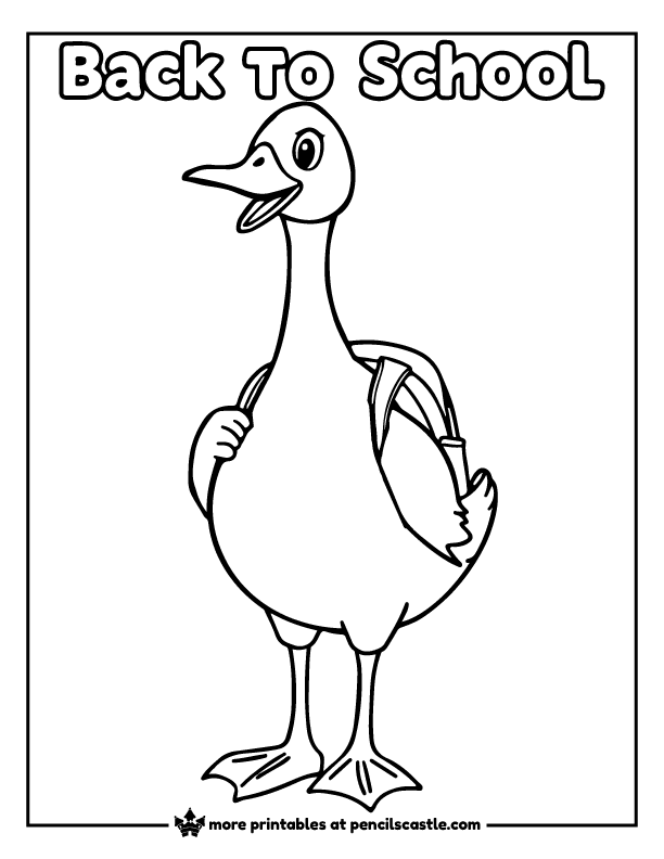 goose wearing a backpack with 'Back To School' text at the top coloring page