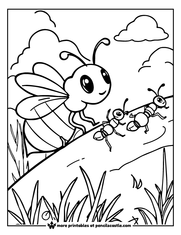bee peeking at ants marching up a hill coloring sheet