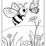 bee meeting a butterfly in a flower garden coloring sheet
