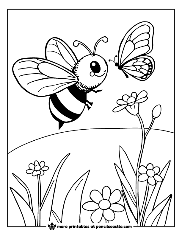 bee meeting a butterfly in a flower garden coloring sheet