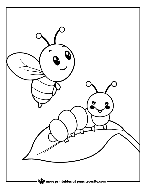 bee hovering near a cute caterpillar on a leaf coloring page