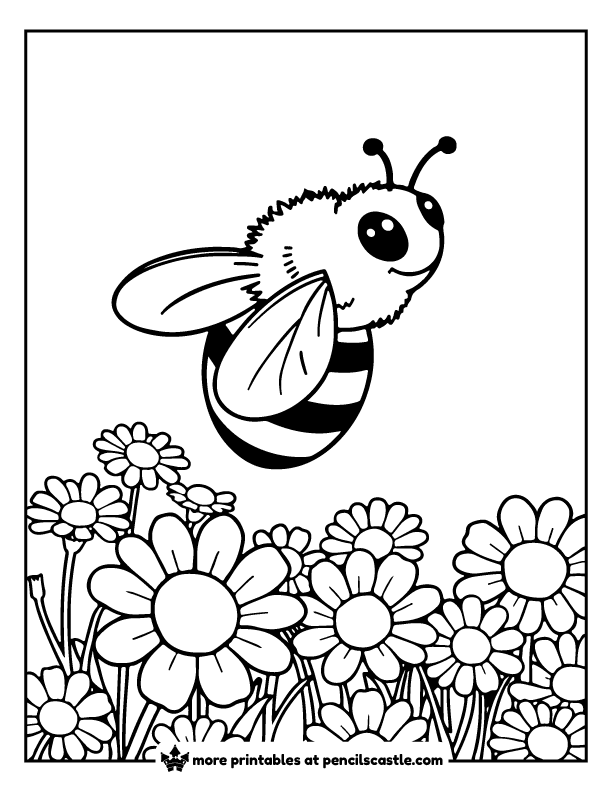 bee flying over a field of daisies coloring sheet
