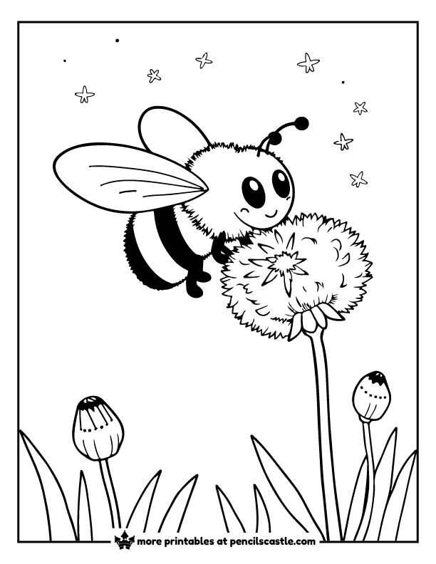 bee hovering near a fluffy dandelion puff coloring sheet