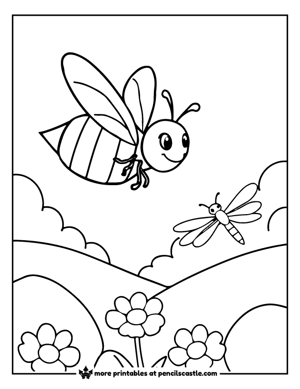 bee and dragonfly flying over flowers coloring page