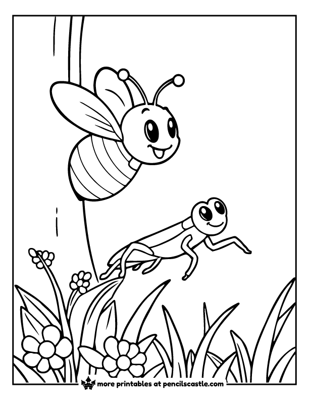 bee hovering near a jumping grasshopper coloring page