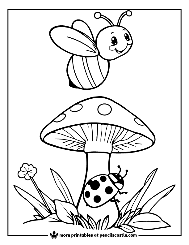 bee hovering over a ladybug crawling on a mushroom coloring page