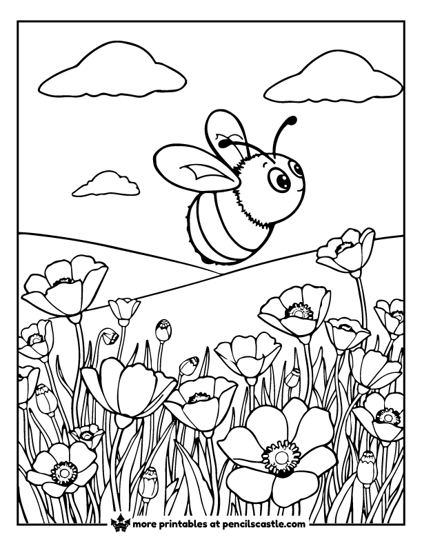 bee hovering near a field of poppies coloring sheet