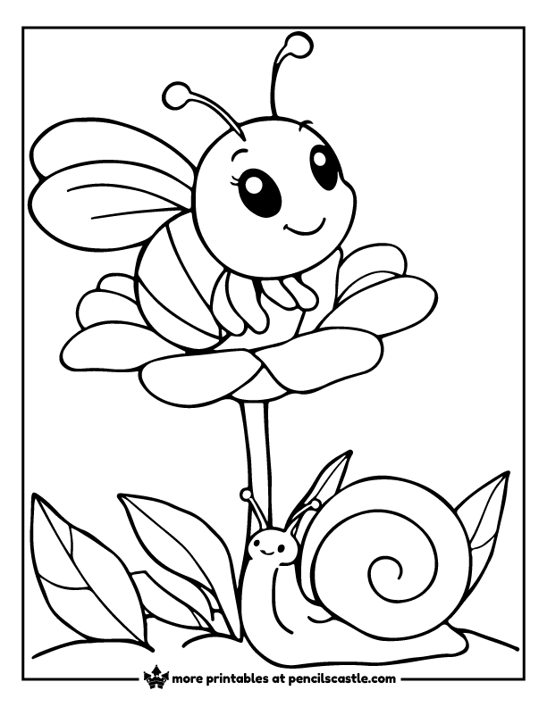 bee resting on a flower with a snail below coloring page