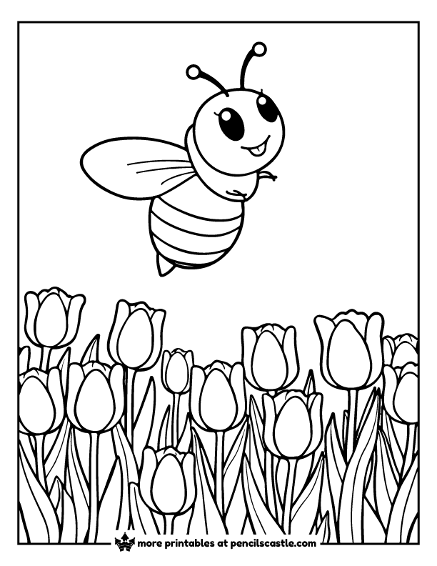 buzzing bee floating above a garden full of tulips coloring sheet
