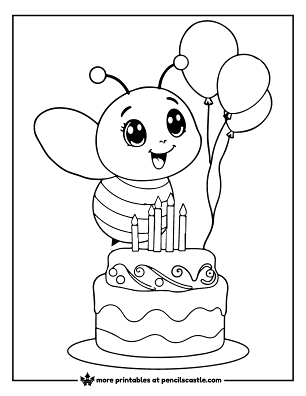 bee next to a birthday cake and balloons coloring page
