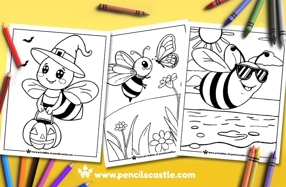 three bee coloring pages with pencils and crayons on a yellow background