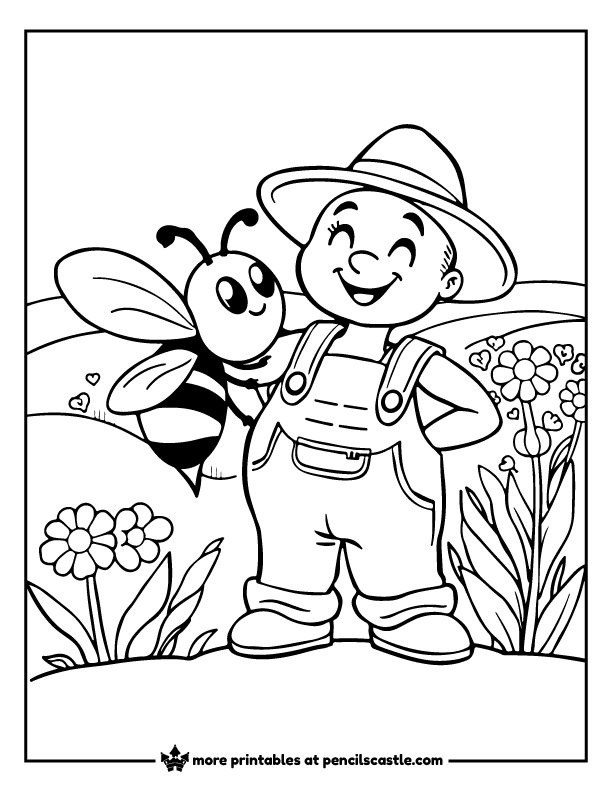 bee buzzing near a smiling farmer in overalls coloring page