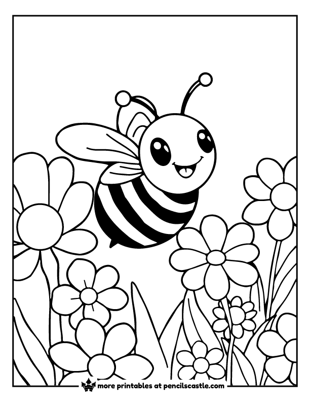 happy bee buzzing around flowers coloring page