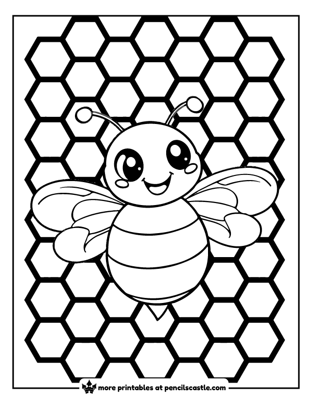 cute bee in front of a honeycomb coloring page