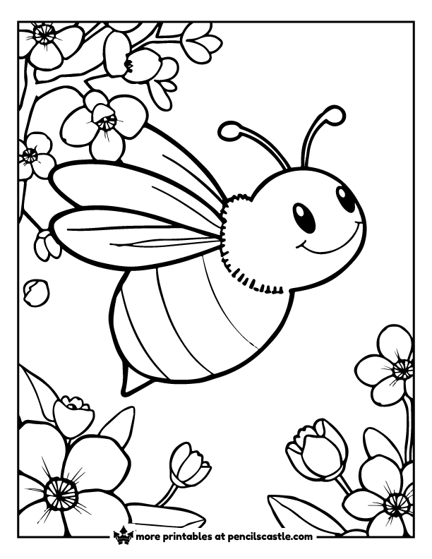 bee flying near cherry blossom petals coloring page