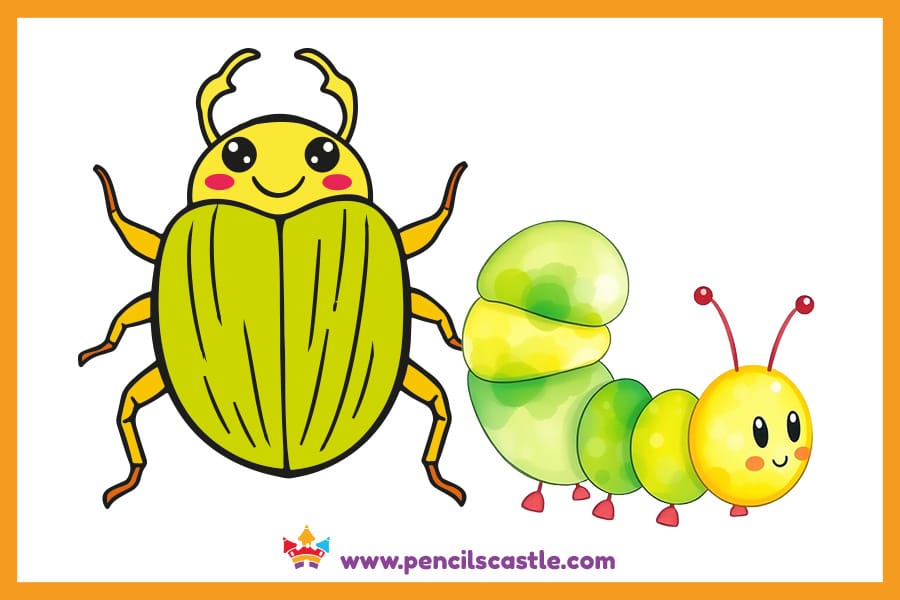 Beetle drawing next to a caterpillar friend