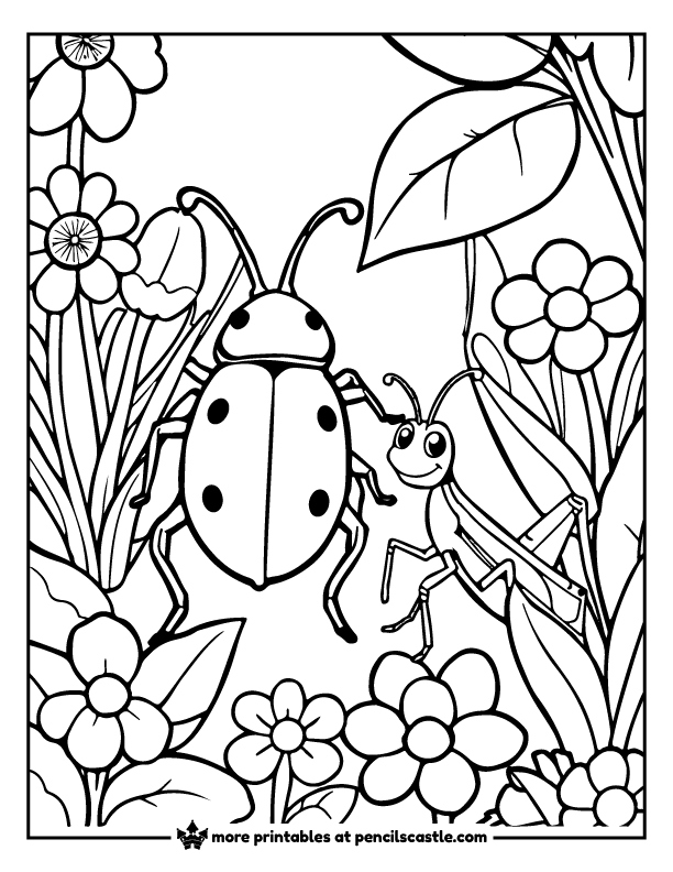 beetle and grasshopper friend with blooming flowers coloring page