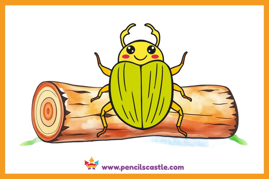 Beetle drawing on a wood log