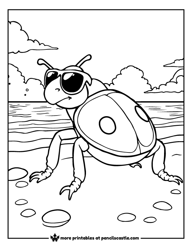 beetle wearing sunglasses relaxing at the beach coloring page