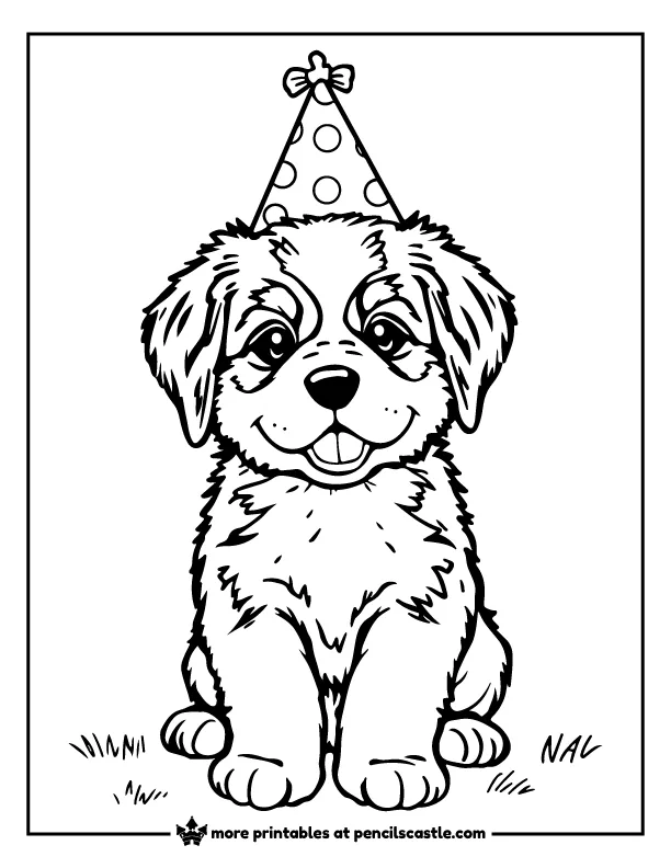 Bernese Mountain Dog puppy in a party hat coloring sheet