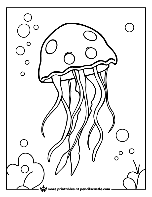 Blue jellyfish floating under the ocean coloring page