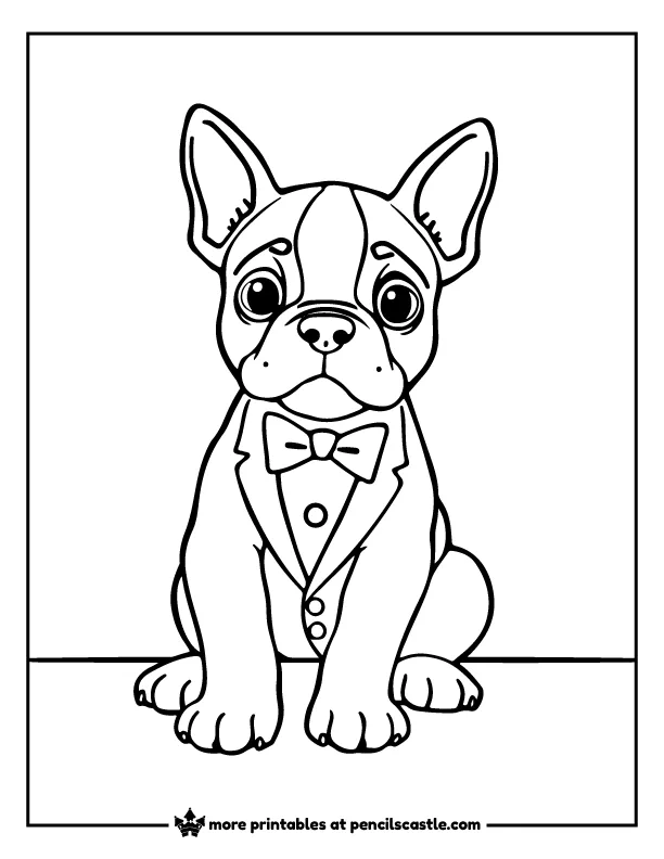 Boston Terrier puppy wearing a tuxedo coloring page